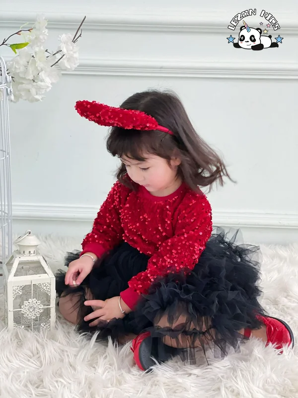 LEZONKIDS - Custom Comfortable Long Sleeve Red Velvet Girl Princess Dress Sequin Tulle Dress for Girls